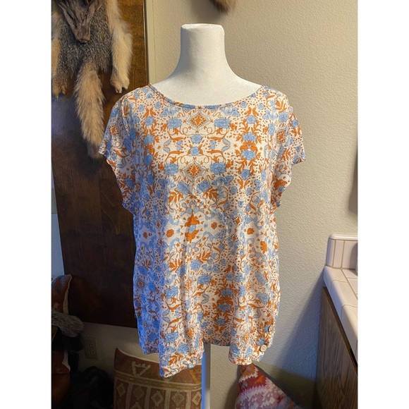 Rachel Zoe Tops - Floral Print Women's Linen Top - Orange and Blue